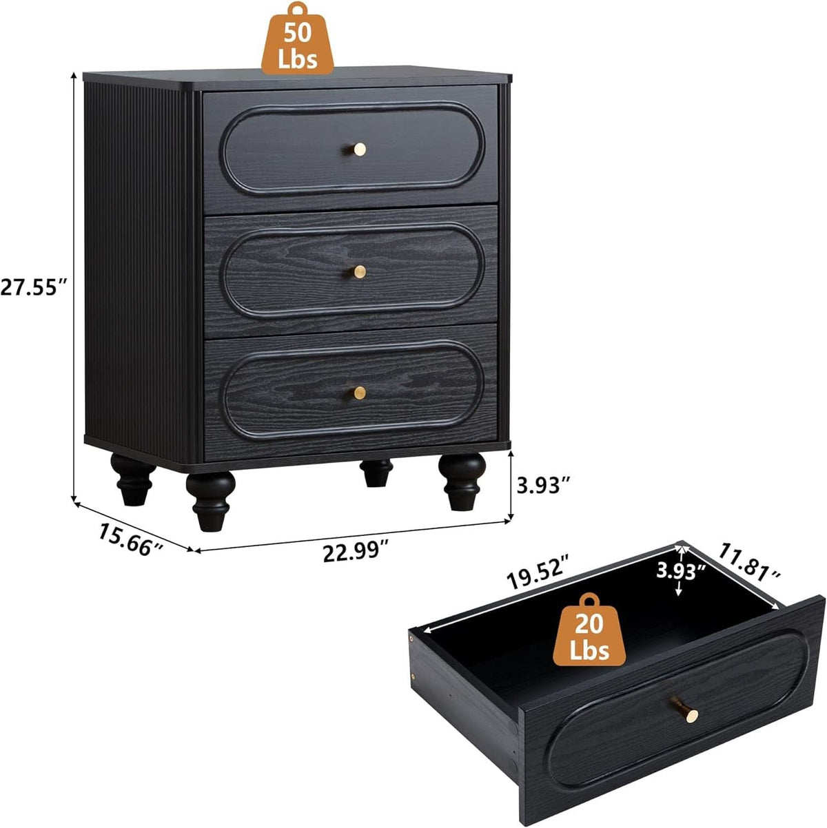 Mid Century Modern Black 3 Drawer Dresser With Fluted Sides