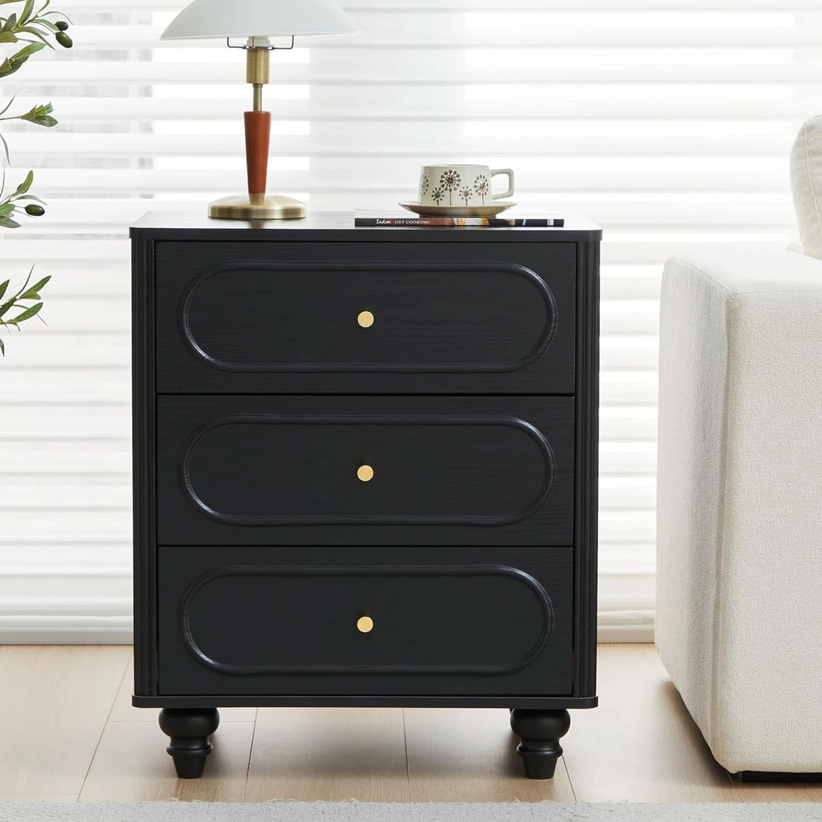 Mid Century Modern Black 3 Drawer Dresser With Fluted Sides