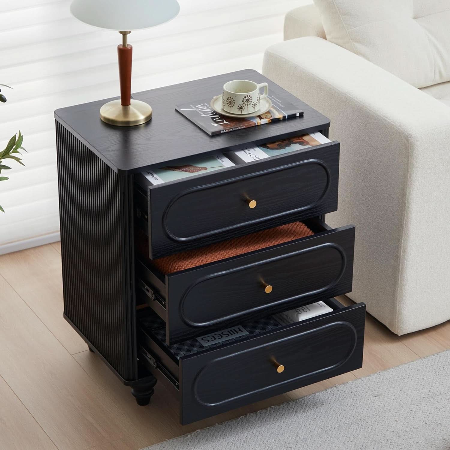 Mid Century Modern Black 3 Drawer Dresser With Fluted Sides
