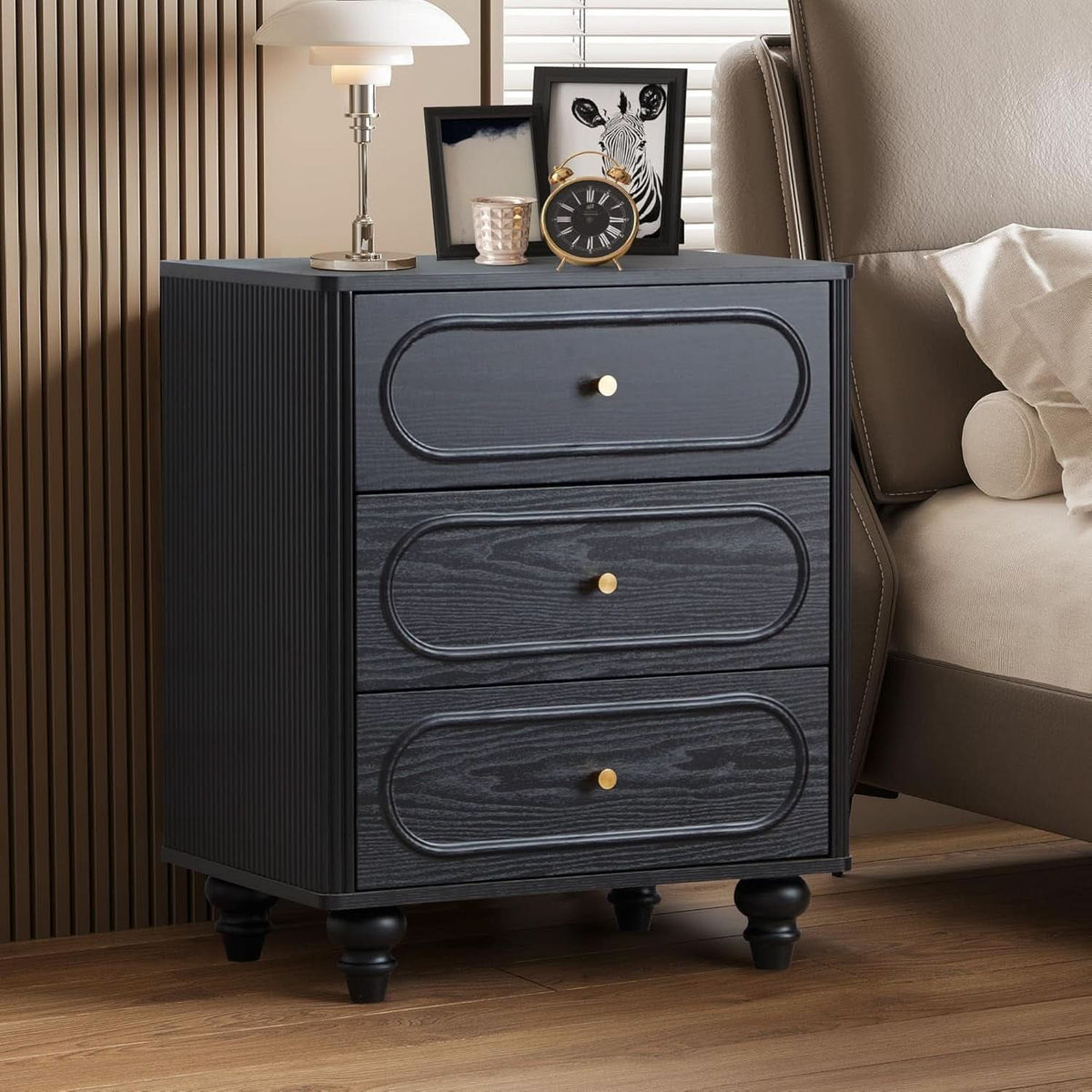 Mid Century Modern Black 3 Drawer Dresser With Fluted Sides