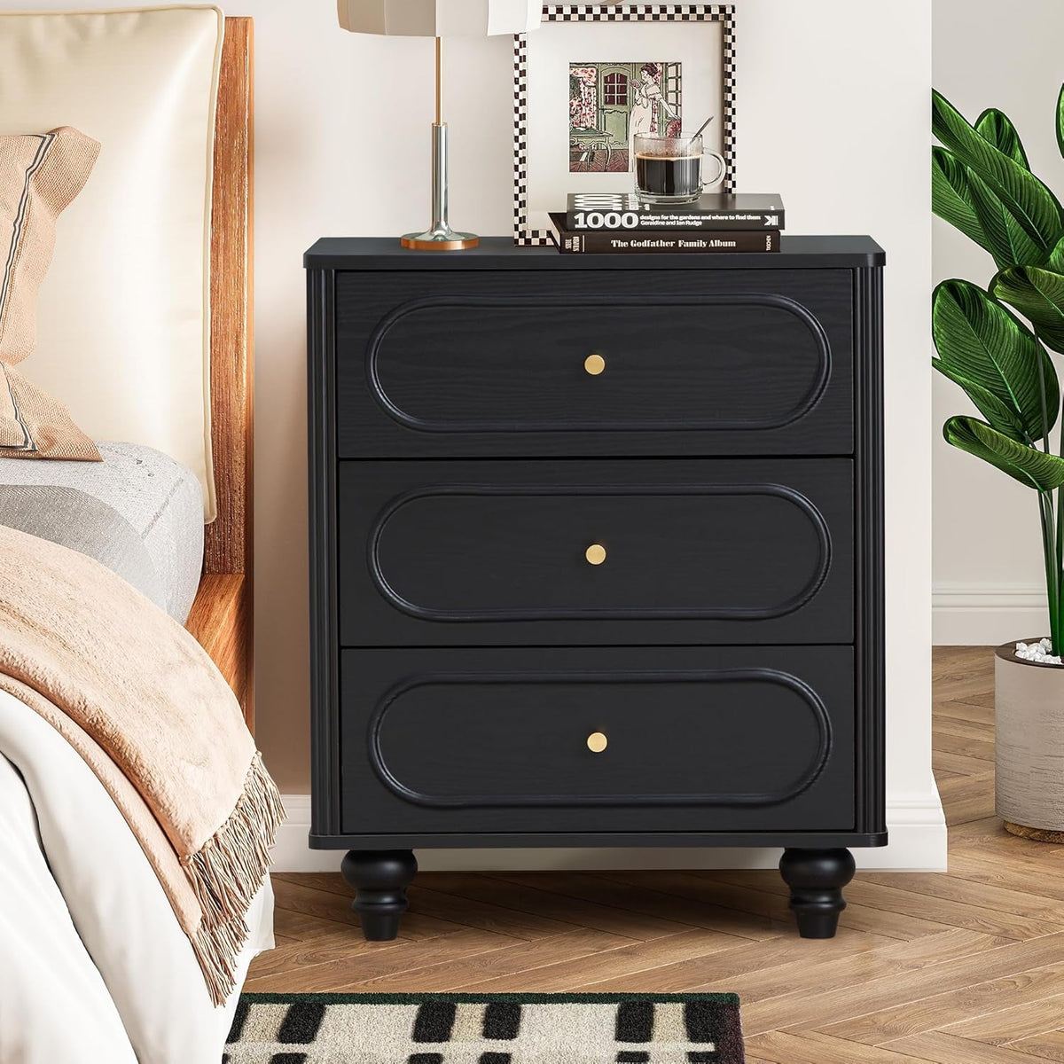 Mid Century Modern Black 3 Drawer Dresser With Fluted Sides