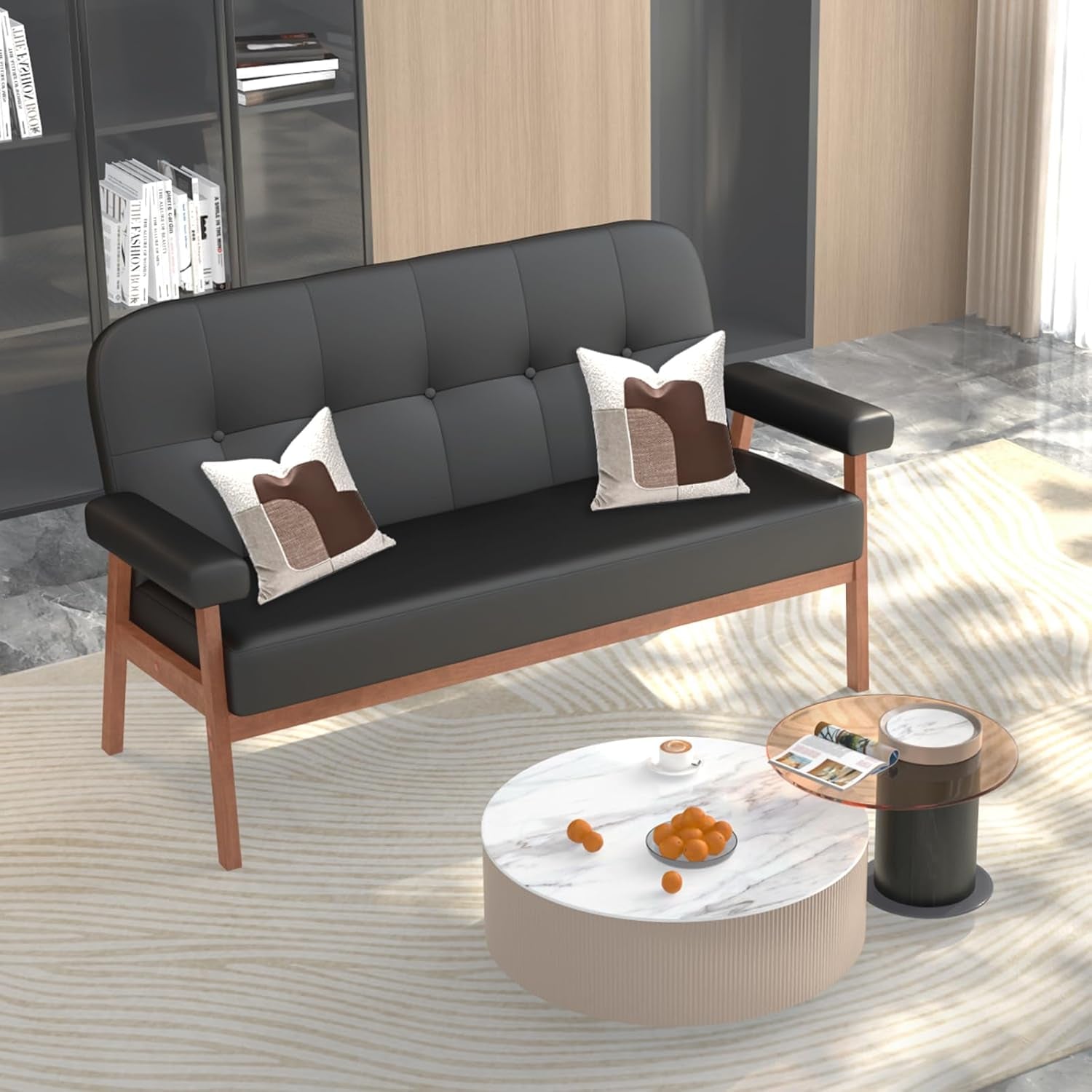 Mid Century Modern Black Leather Loveseat Sofa Couch