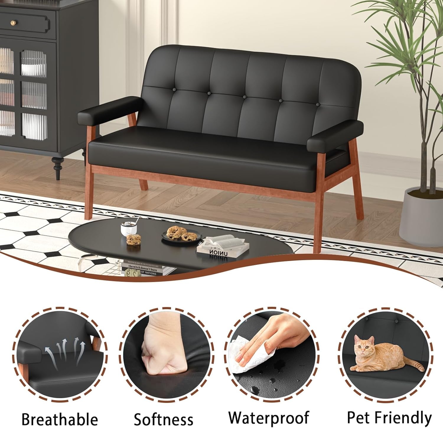 Mid Century Modern Black Leather Loveseat Sofa Couch