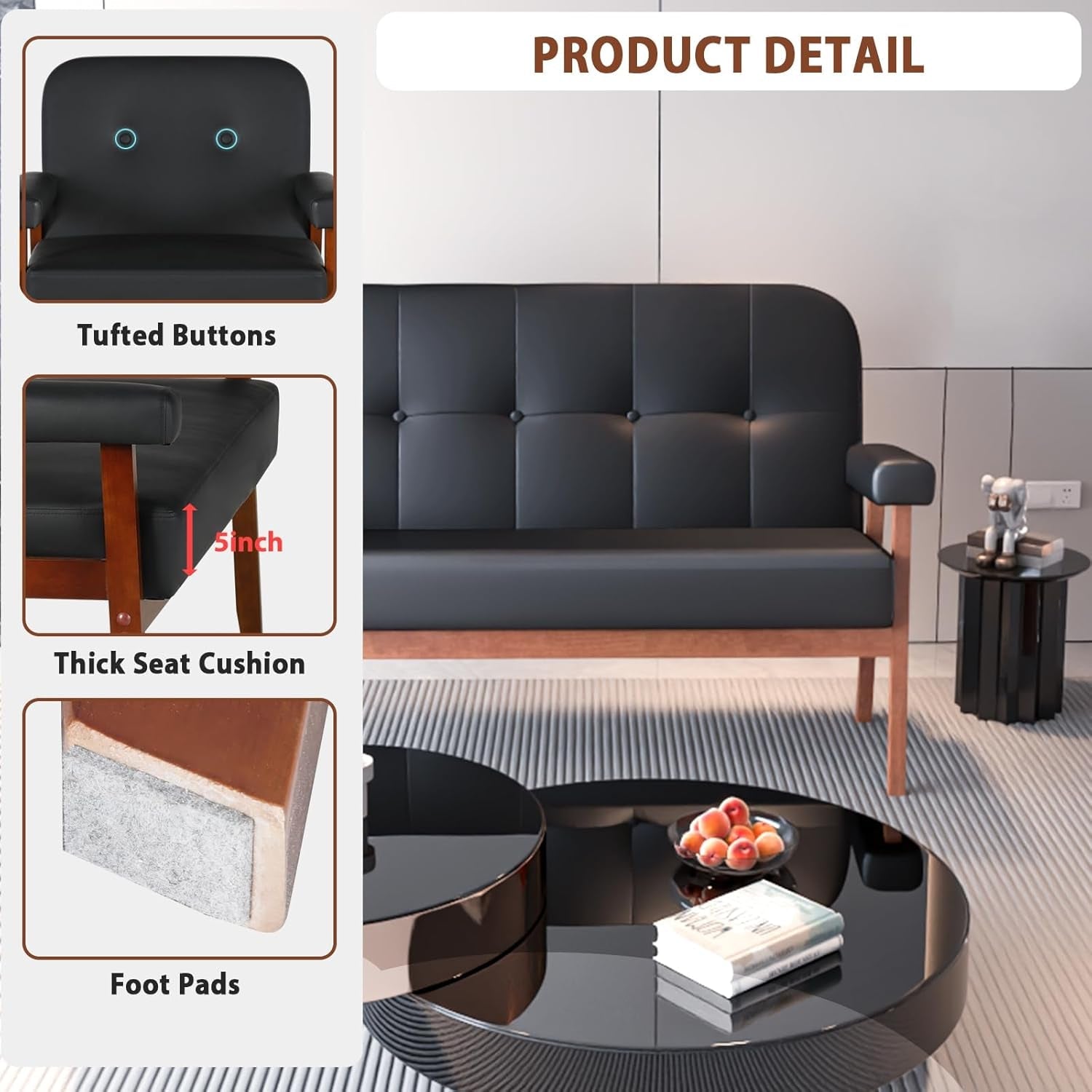 Mid Century Modern Black Leather Loveseat Sofa Couch