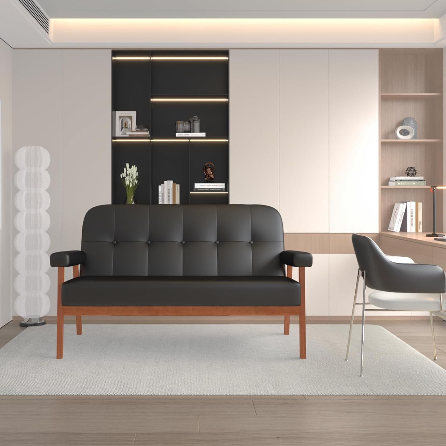 Mid Century Modern Black Leather Loveseat Sofa Couch