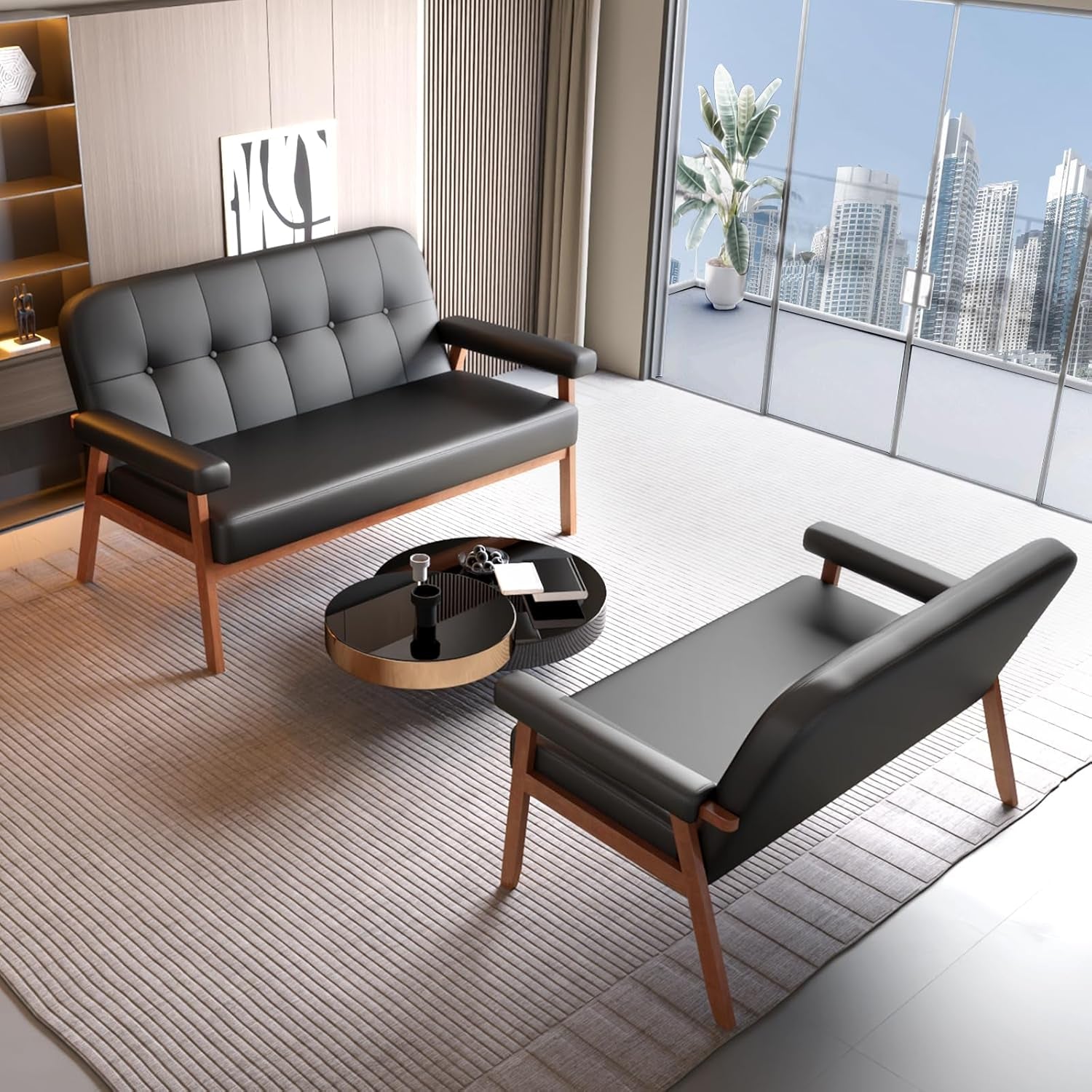 Mid Century Modern Black Leather Loveseat Sofa Couch