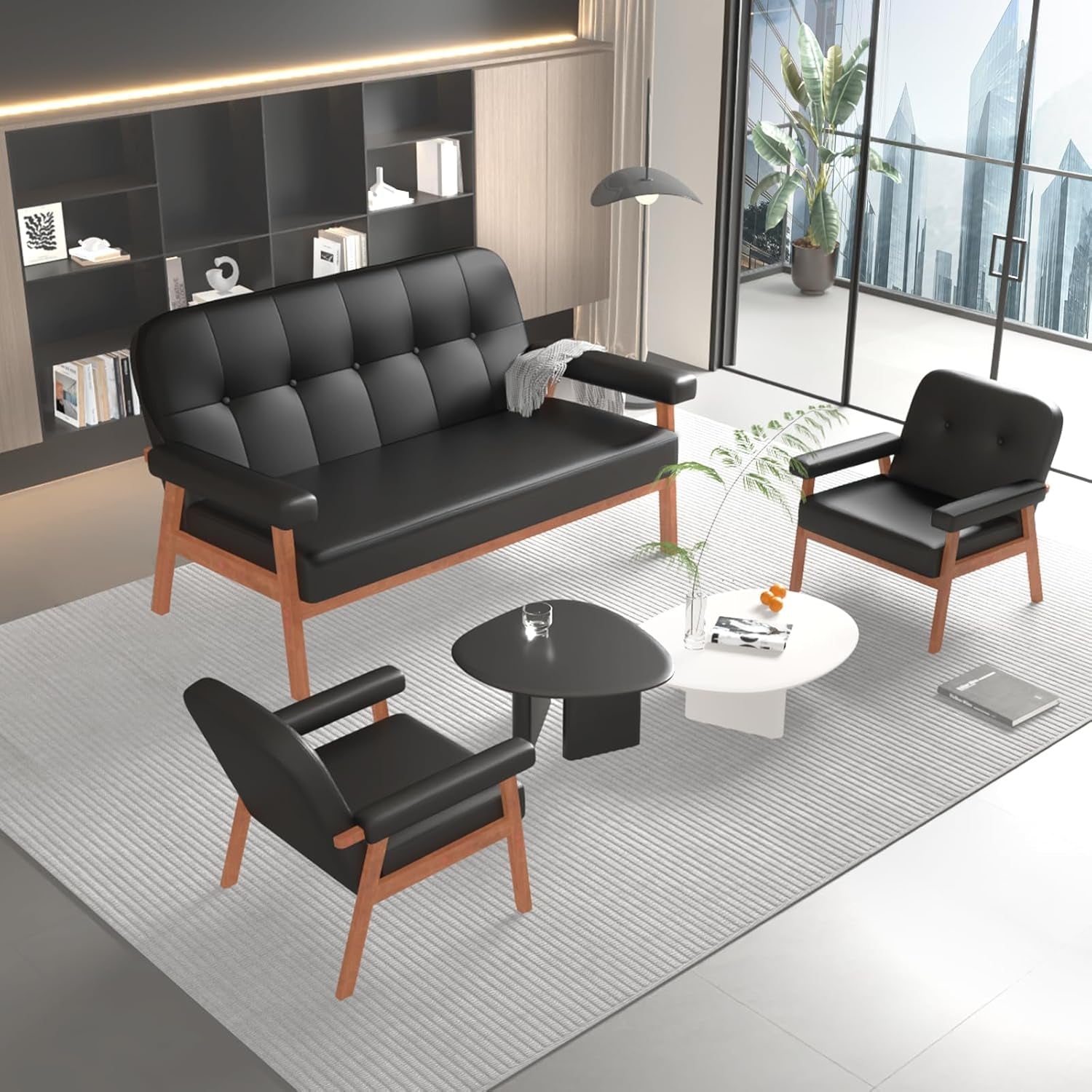 Mid Century Modern Black Leather Loveseat Sofa Couch