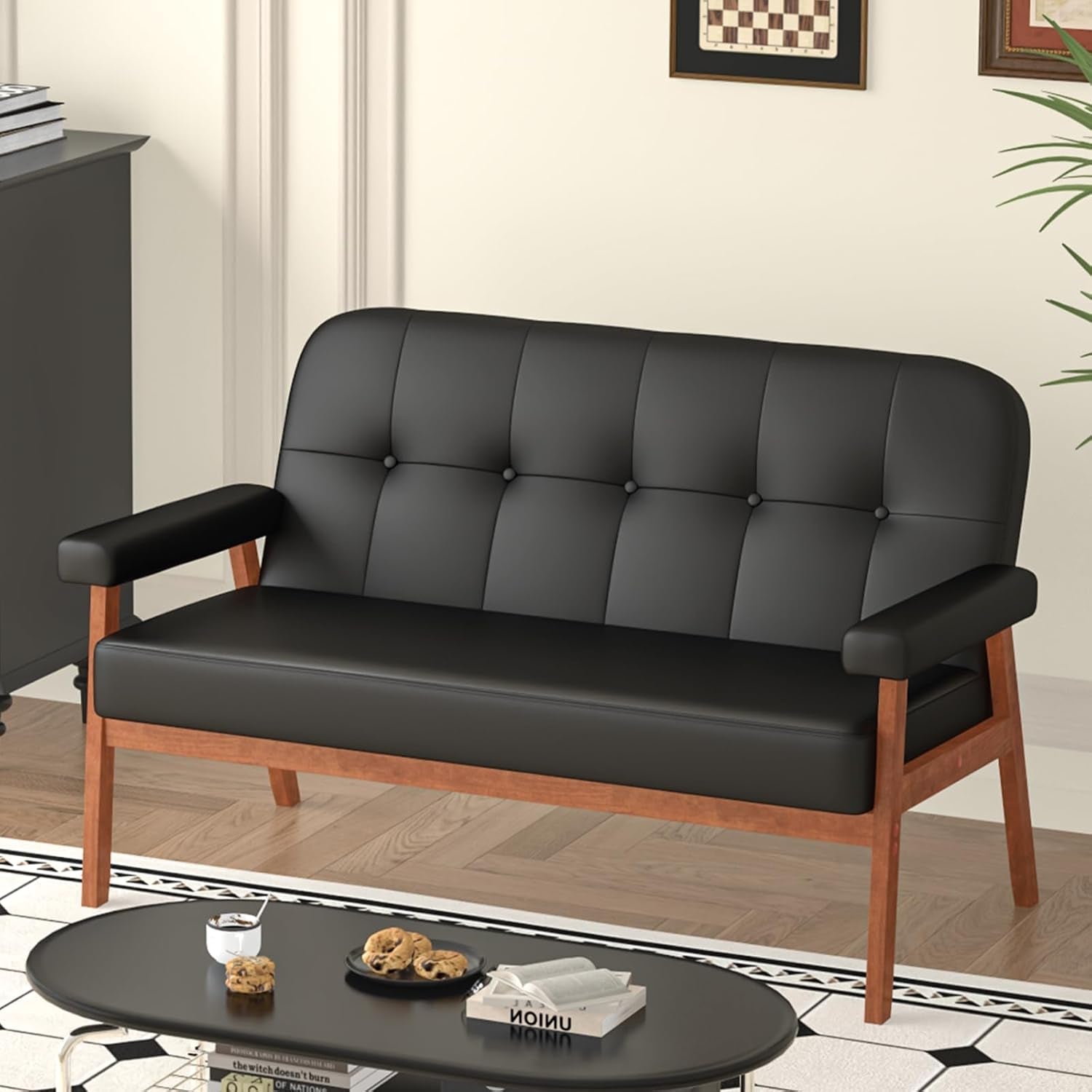 Mid Century Modern Black Leather Loveseat Sofa Couch