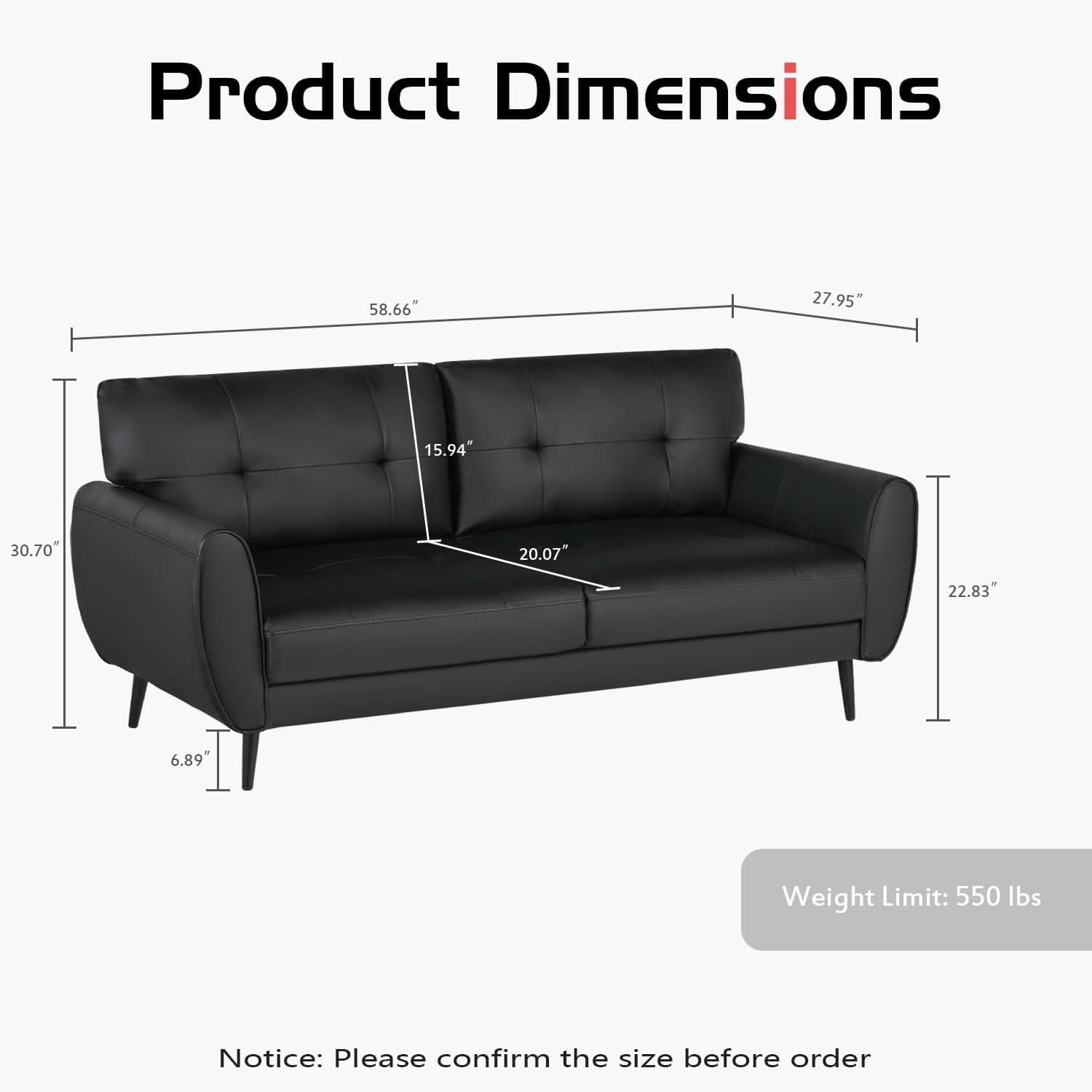 Mid Century Modern Black Loveseat Sofa for Small Spaces