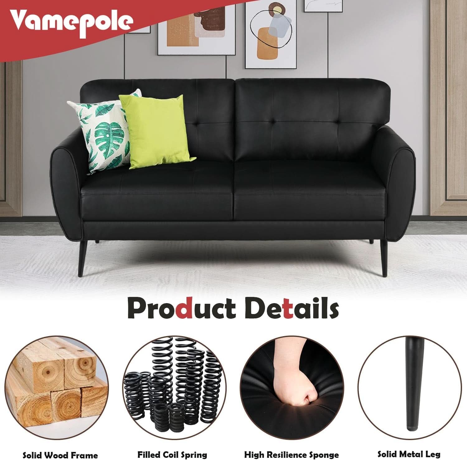 Mid Century Modern Black Loveseat Sofa for Small Spaces