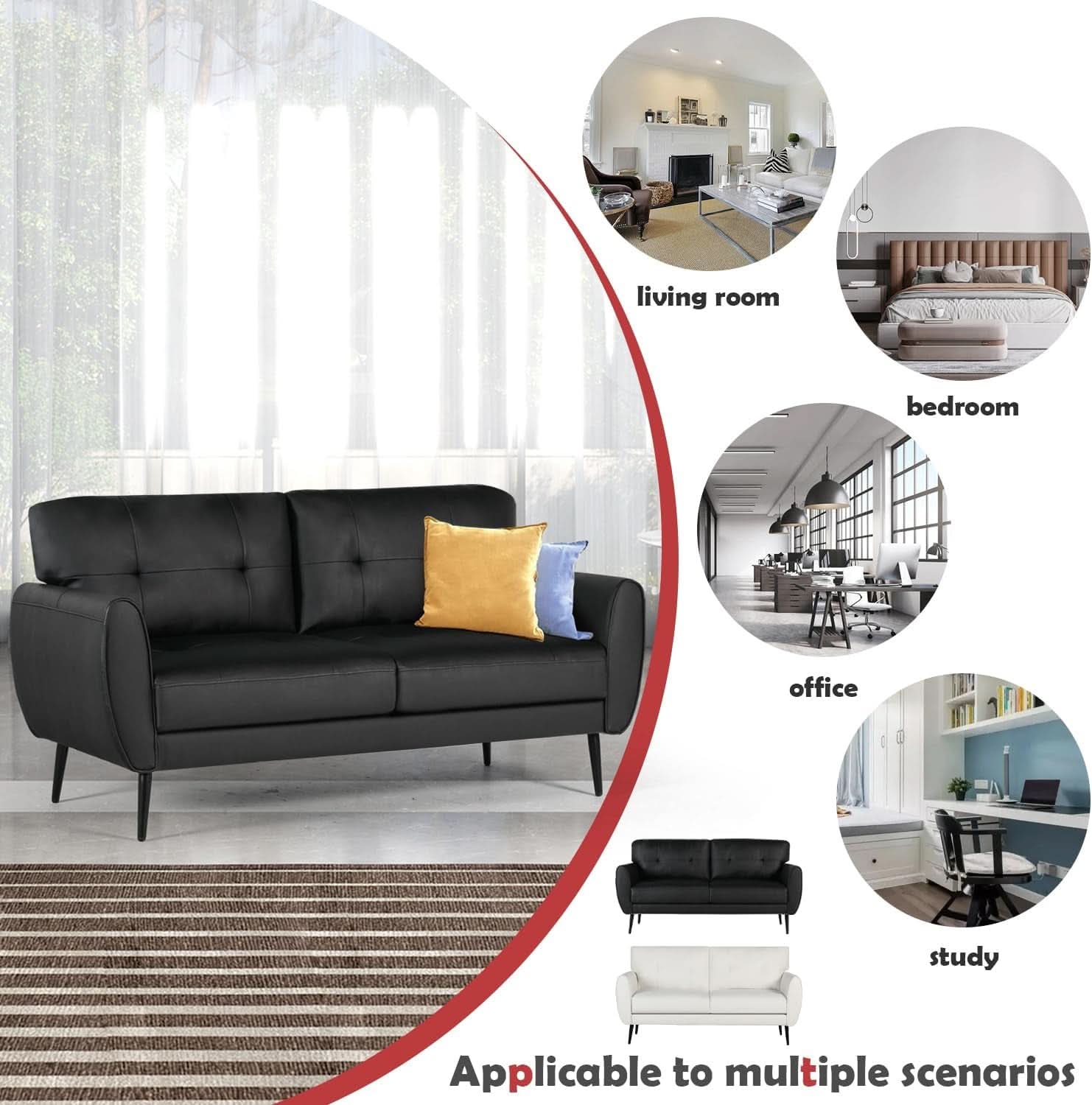 Mid Century Modern Black Loveseat Sofa for Small Spaces