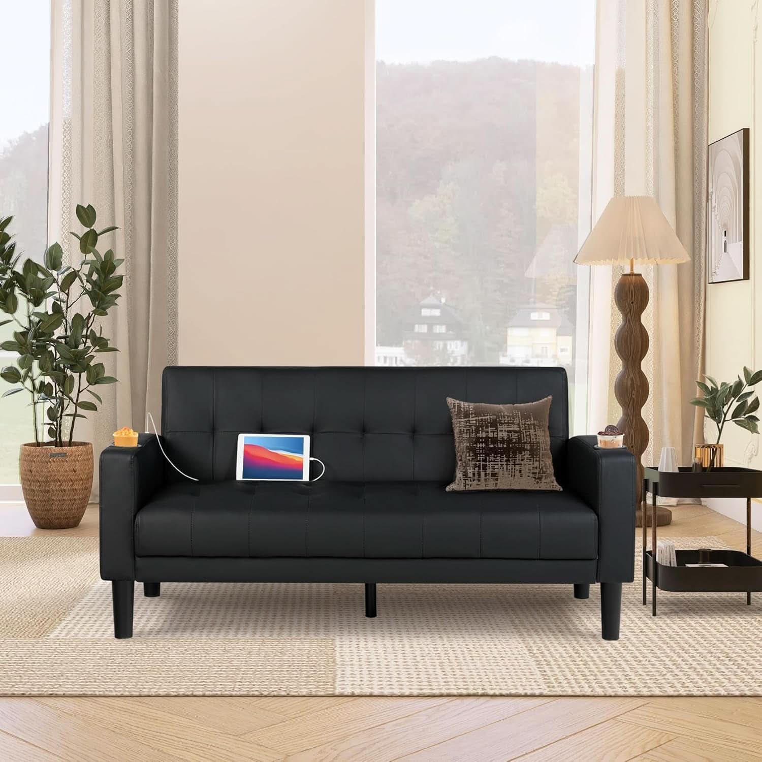 Mid-Century Modern Loveseat with USB Ports and Cup Holders