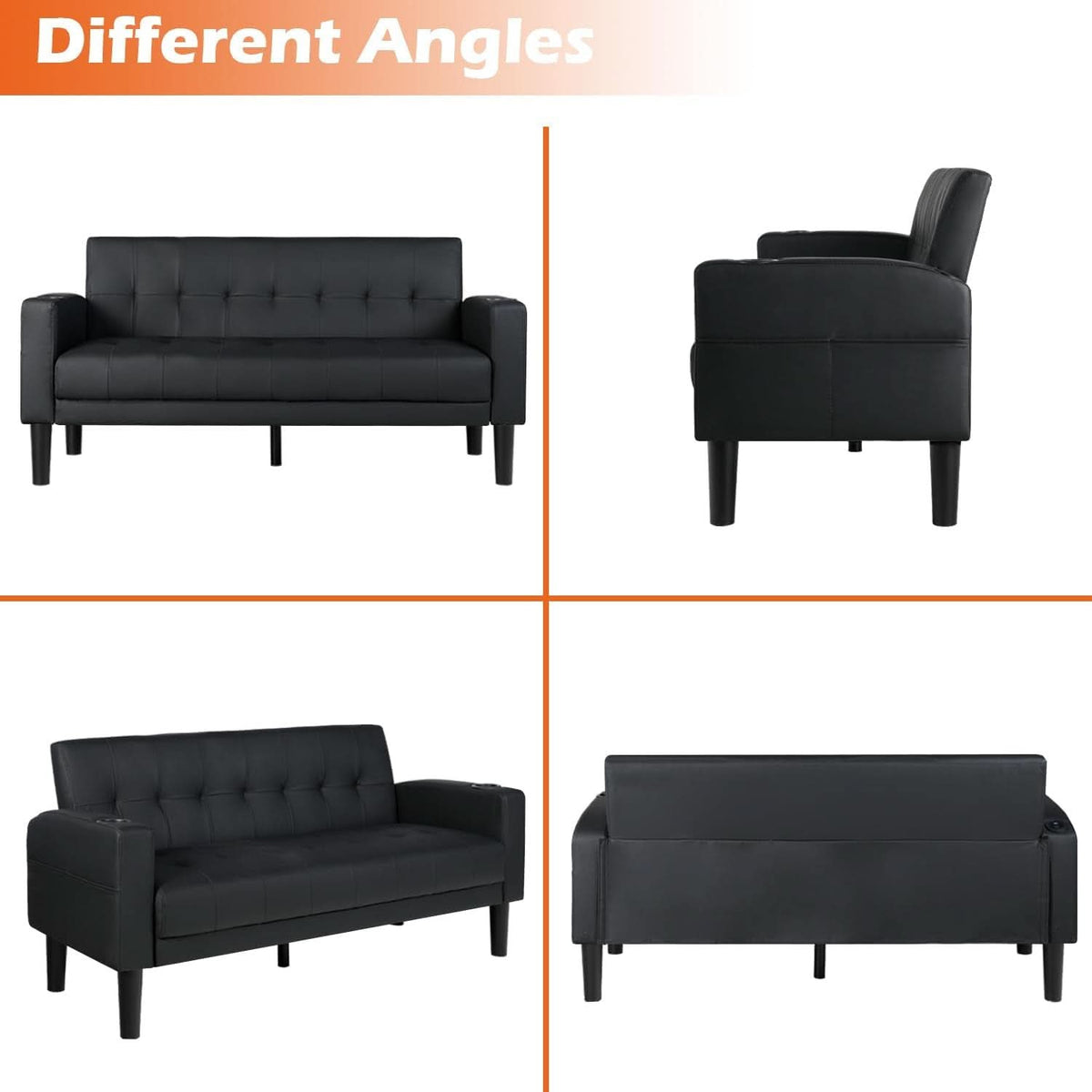 Mid-Century Modern Loveseat with USB Ports and Cup Holders