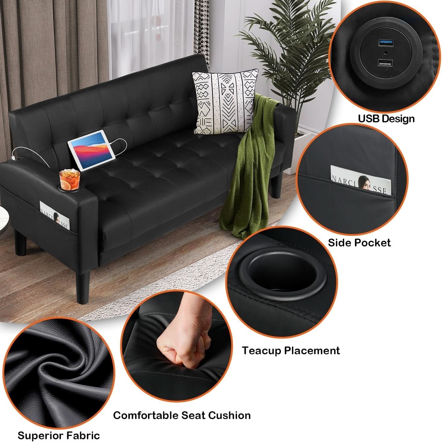 Mid-Century Modern Loveseat with USB Ports and Cup Holders
