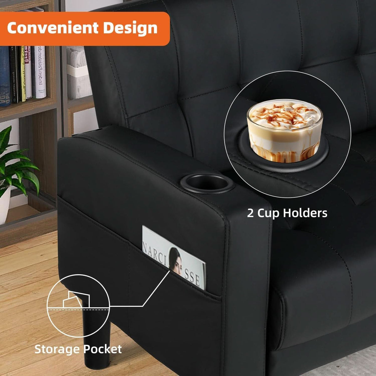 Mid-Century Modern Loveseat with USB Ports and Cup Holders