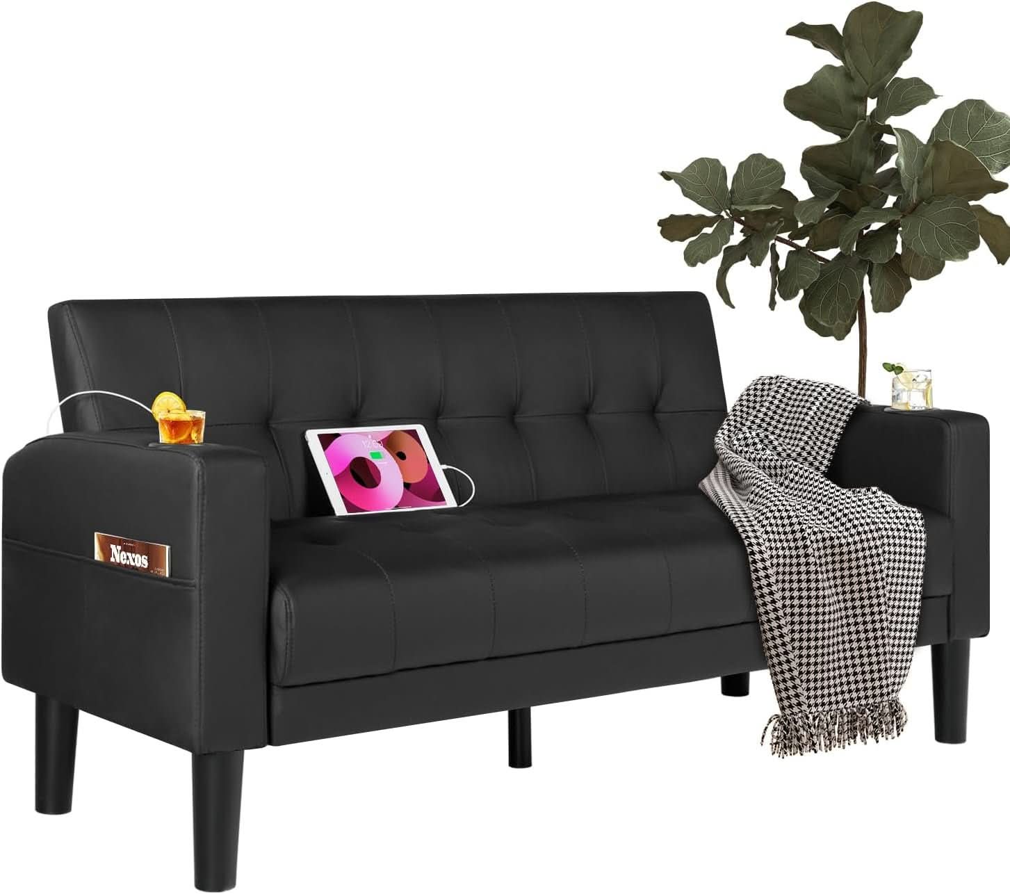Mid-Century Modern Loveseat with USB Ports and Cup Holders