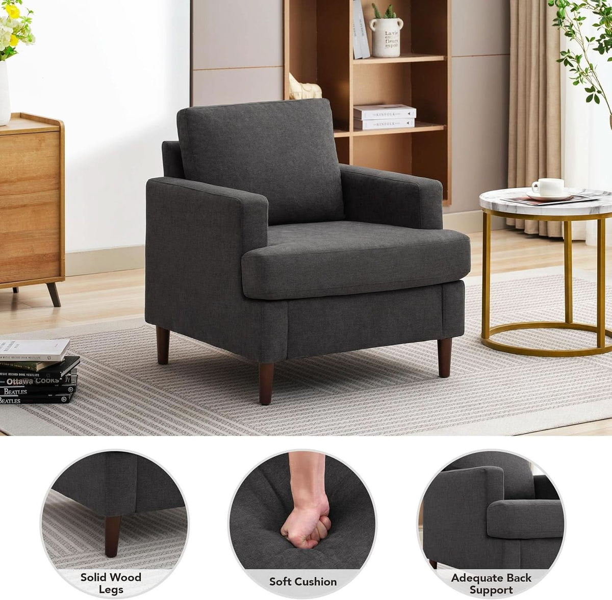 Mid Century Modern Premium Upholstered Armchair Grey