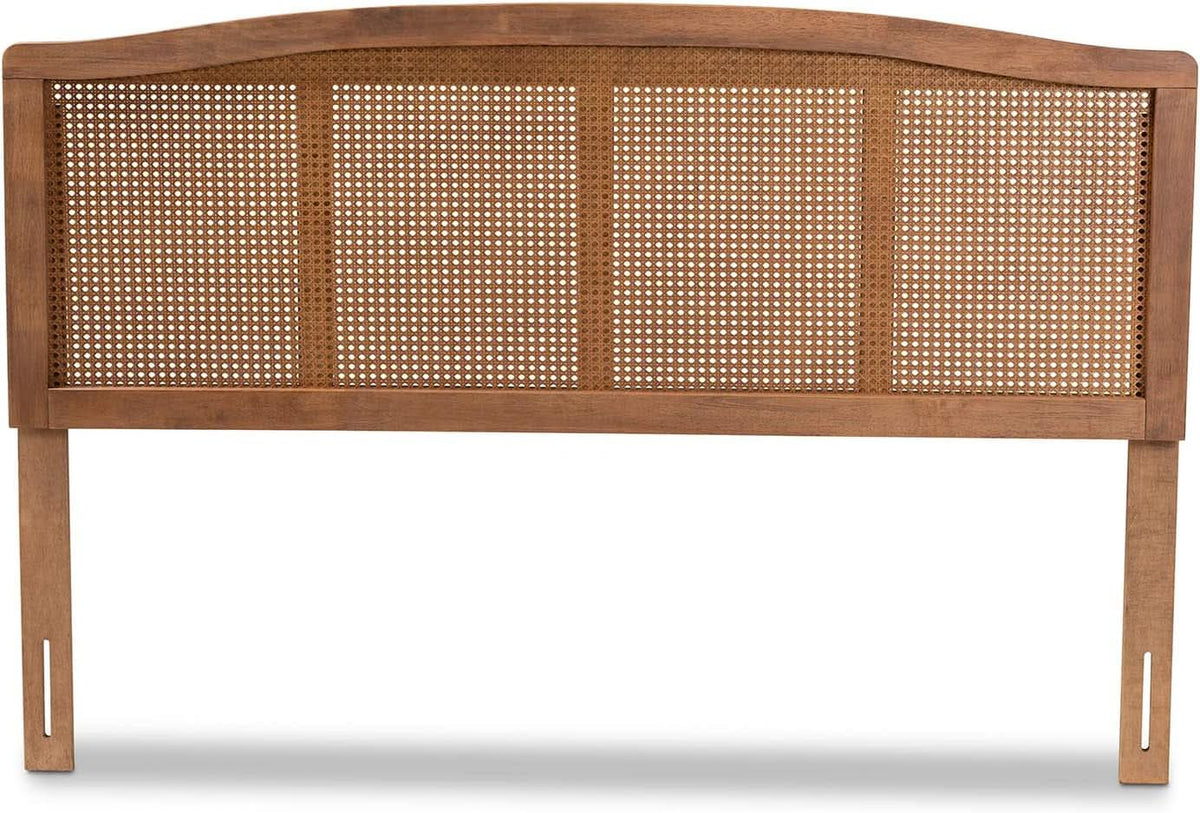 Mid-Century Modern Queen Size Wood and Rattan Headboard