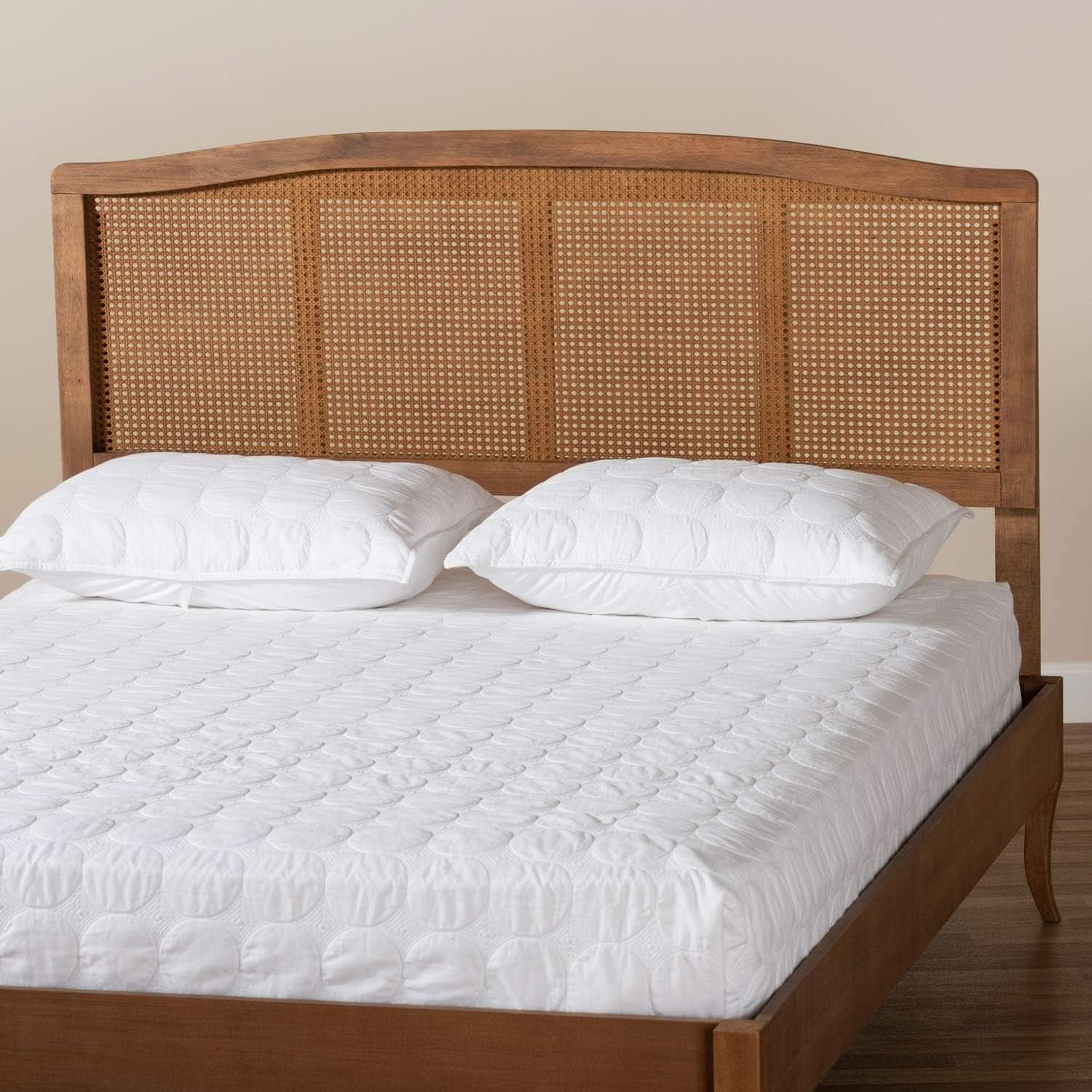 Mid-Century Modern Queen Size Wood and Rattan Headboard