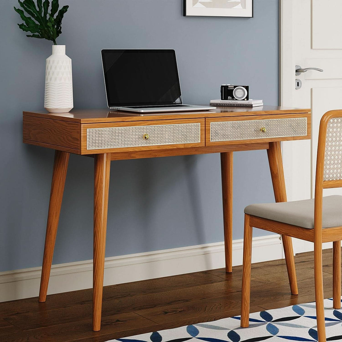 Mid Century Modern Solid Wood Desk With Drawers 45 Inch Rattan Writing Desk