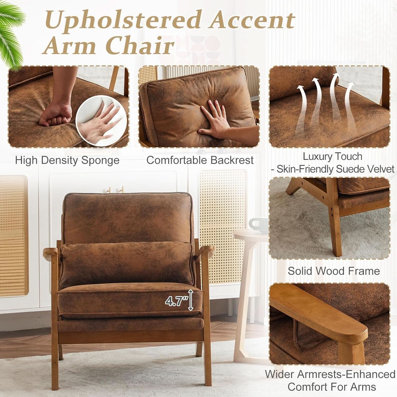 Mid-Century Modern Suede Upholstered Accent Chair Set of 2
