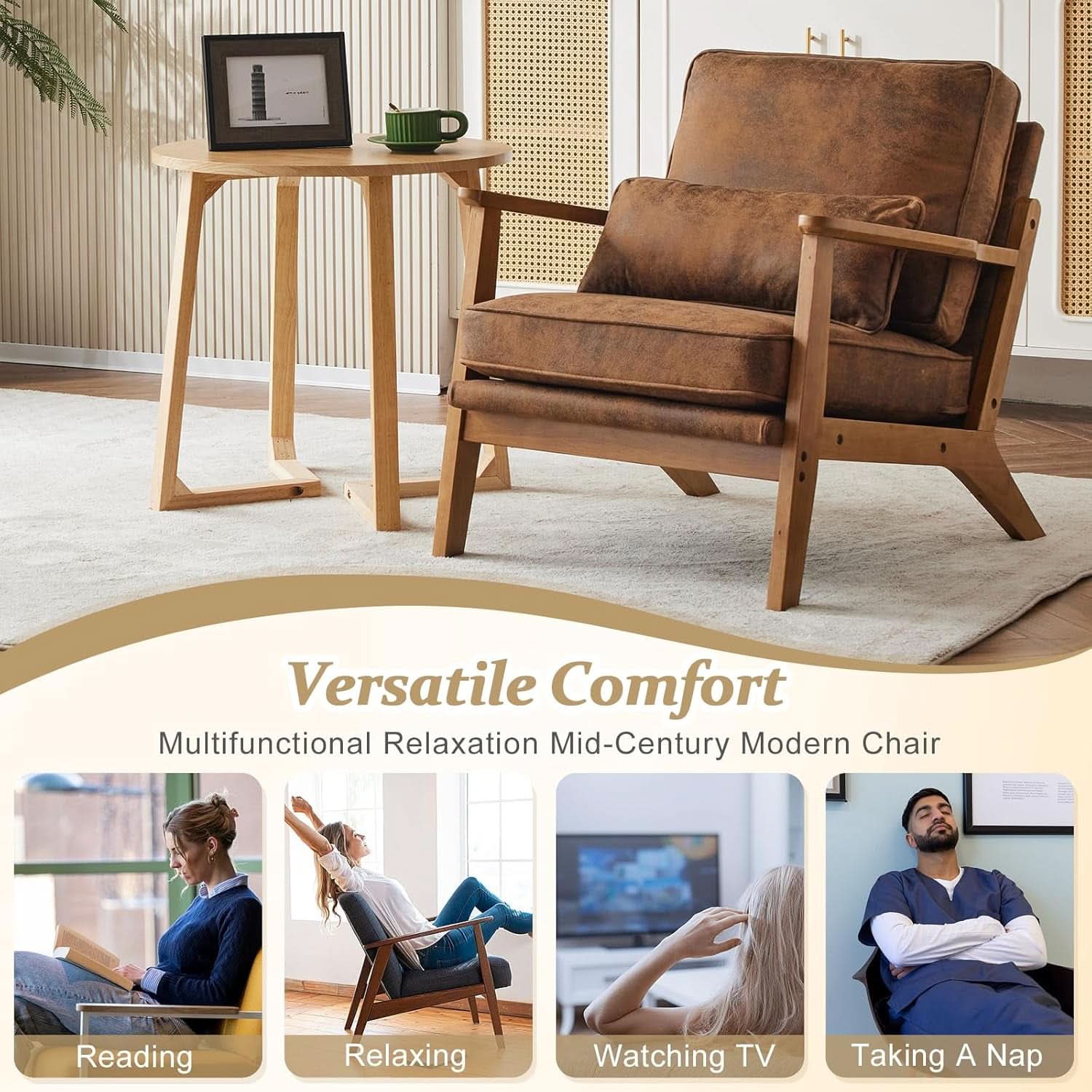 Mid-Century Modern Suede Upholstered Accent Chair Set of 2