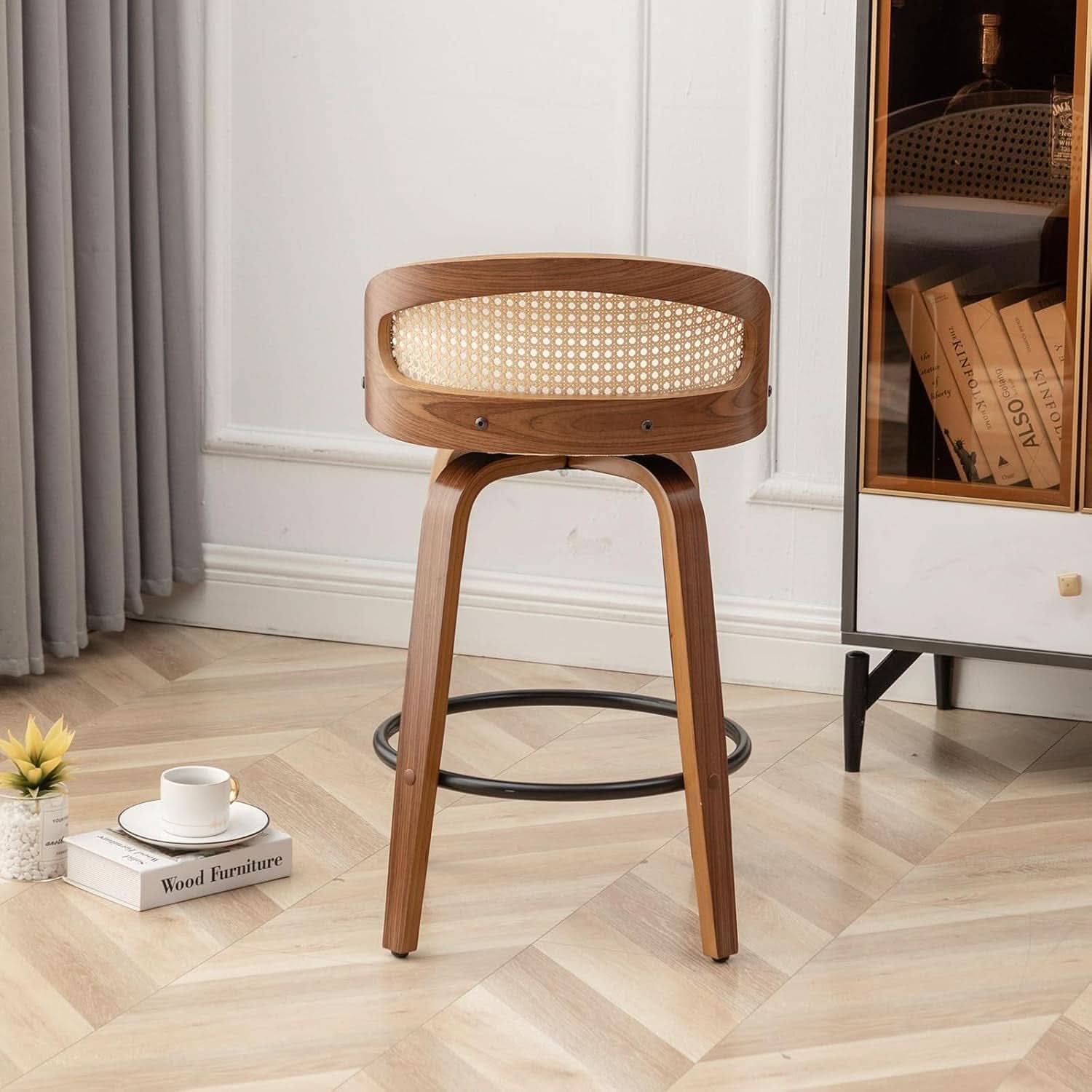 Mid-Century Modern Swivel Rattan Bar Stools Set