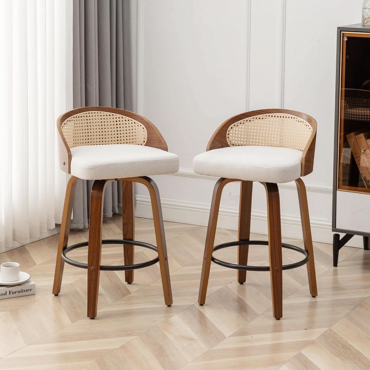 Mid-Century Modern Swivel Rattan Bar Stools Set
