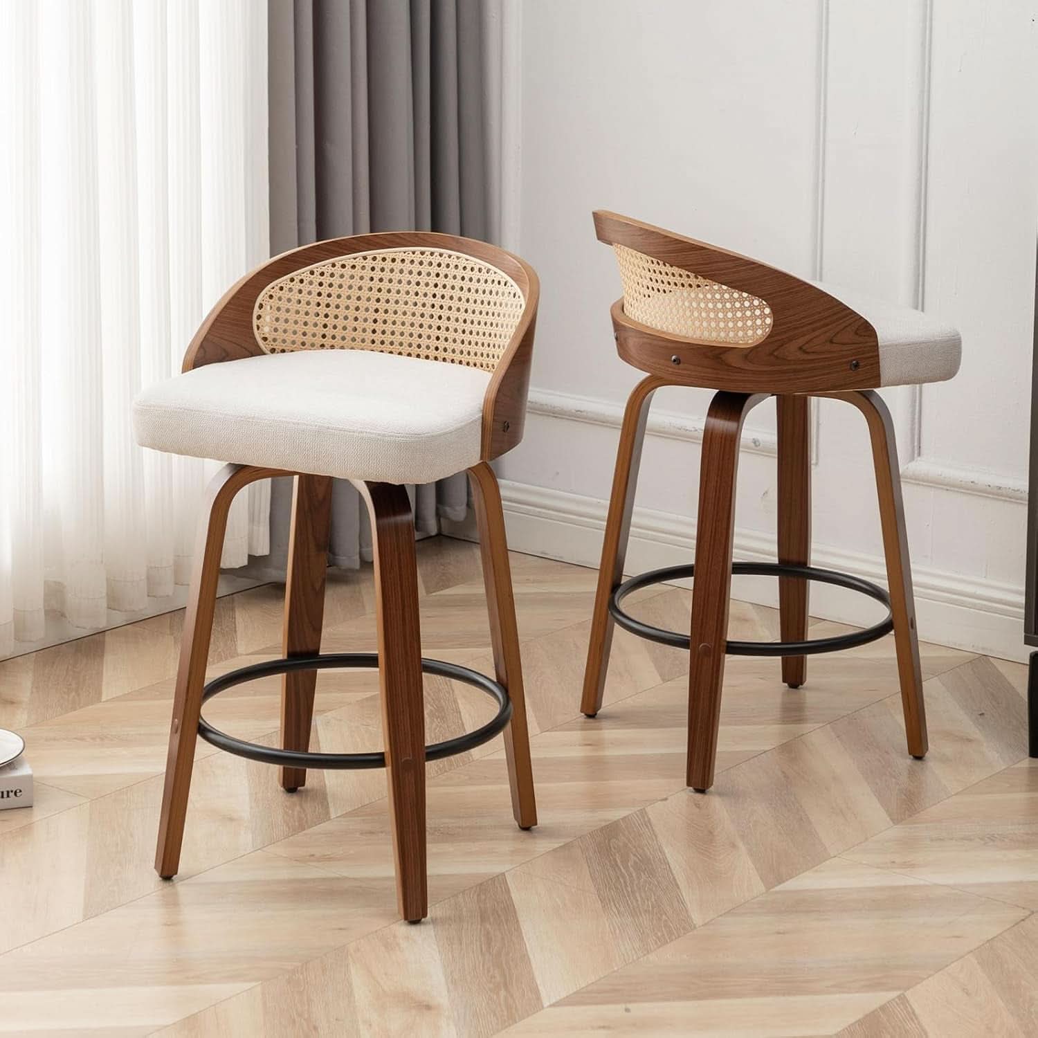 Mid-Century Modern Swivel Rattan Bar Stools Set
