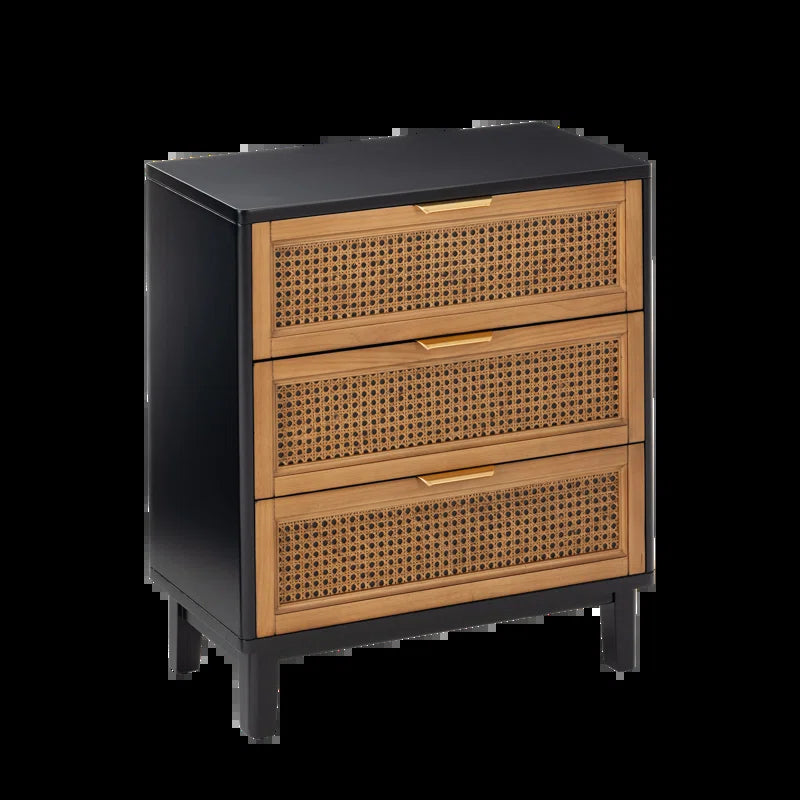 Mid Century Modern Three Drawer Woven Cane Front Nightstand