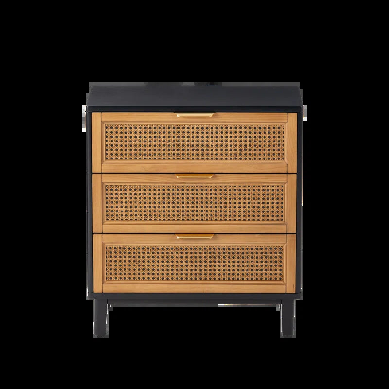 Mid Century Modern Three Drawer Woven Cane Front Nightstand