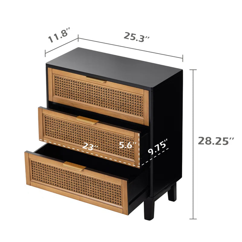 Mid Century Modern Three Drawer Woven Cane Front Nightstand
