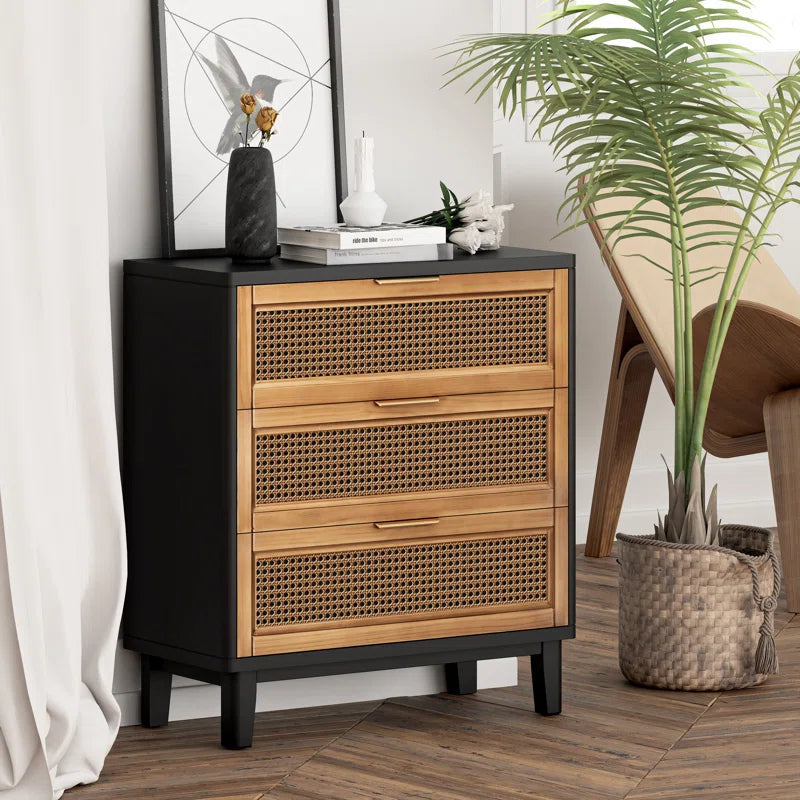 Mid Century Modern Three Drawer Woven Cane Front Nightstand
