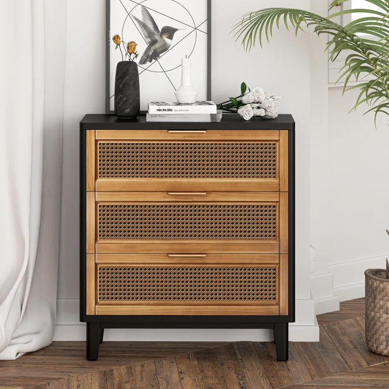 Mid Century Modern Three Drawer Woven Cane Front Nightstand