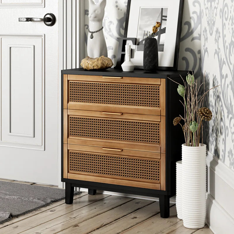 Mid Century Modern Three Drawer Woven Cane Front Nightstand