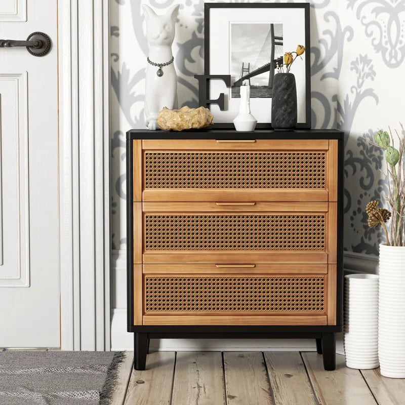 Mid Century Modern Three Drawer Woven Cane Front Nightstand