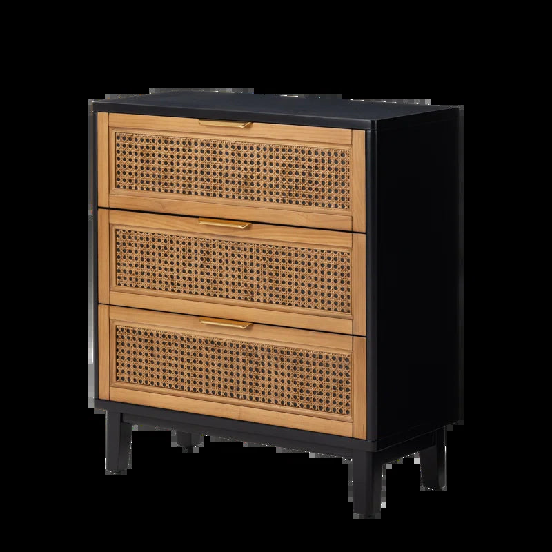 Mid Century Modern Three Drawer Woven Cane Front Nightstand