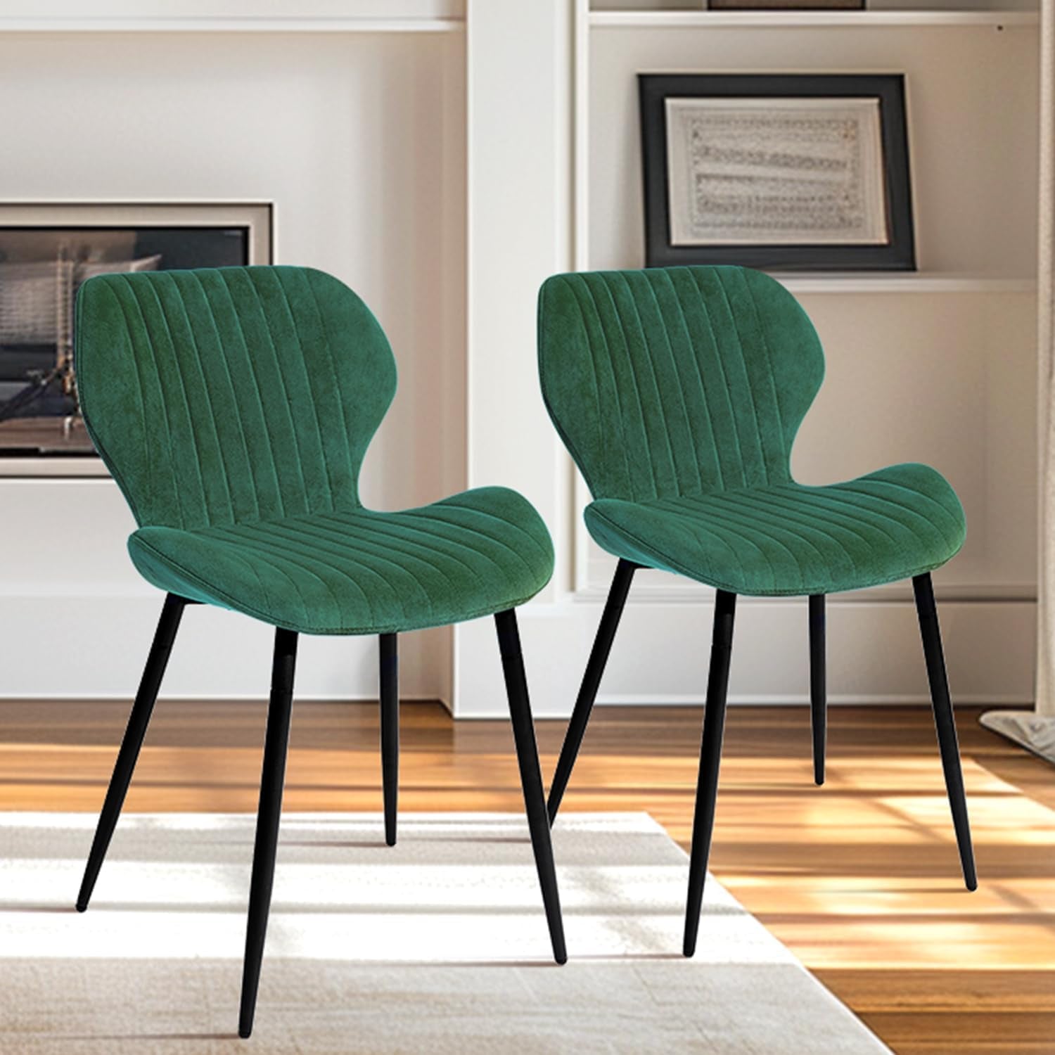 Mid Century Modern Upholstered Dining Chairs Green Velvet Set 2