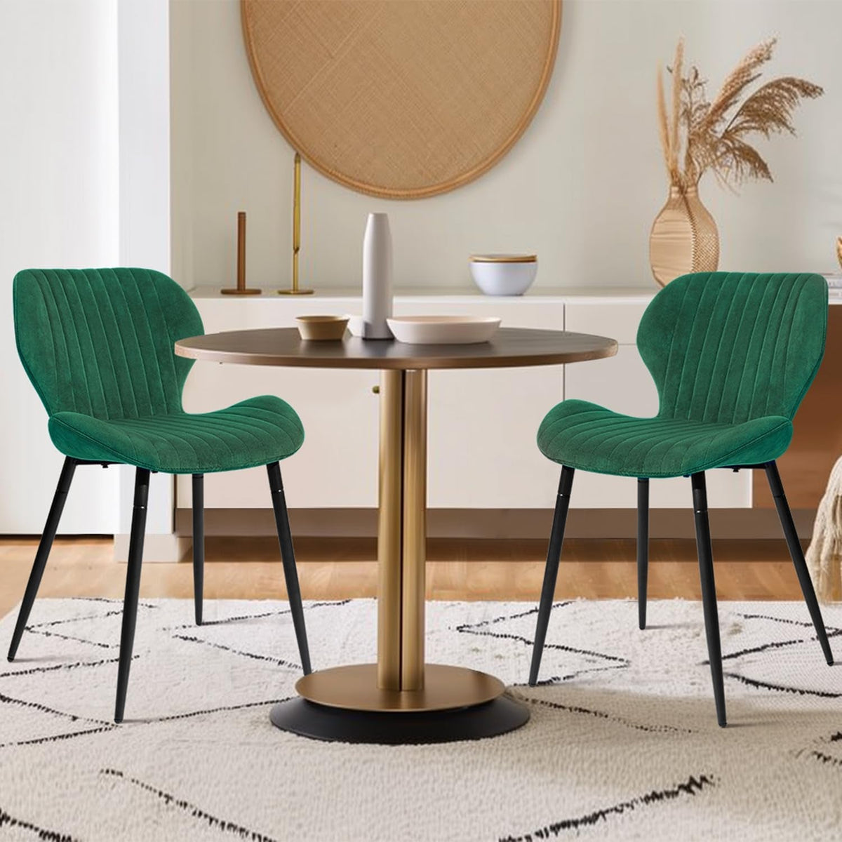 Mid Century Modern Upholstered Dining Chairs Green Velvet Set 2