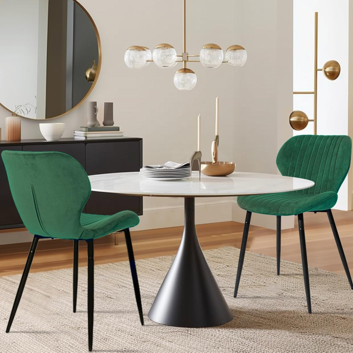 Mid Century Modern Upholstered Dining Chairs Green Velvet Set 2