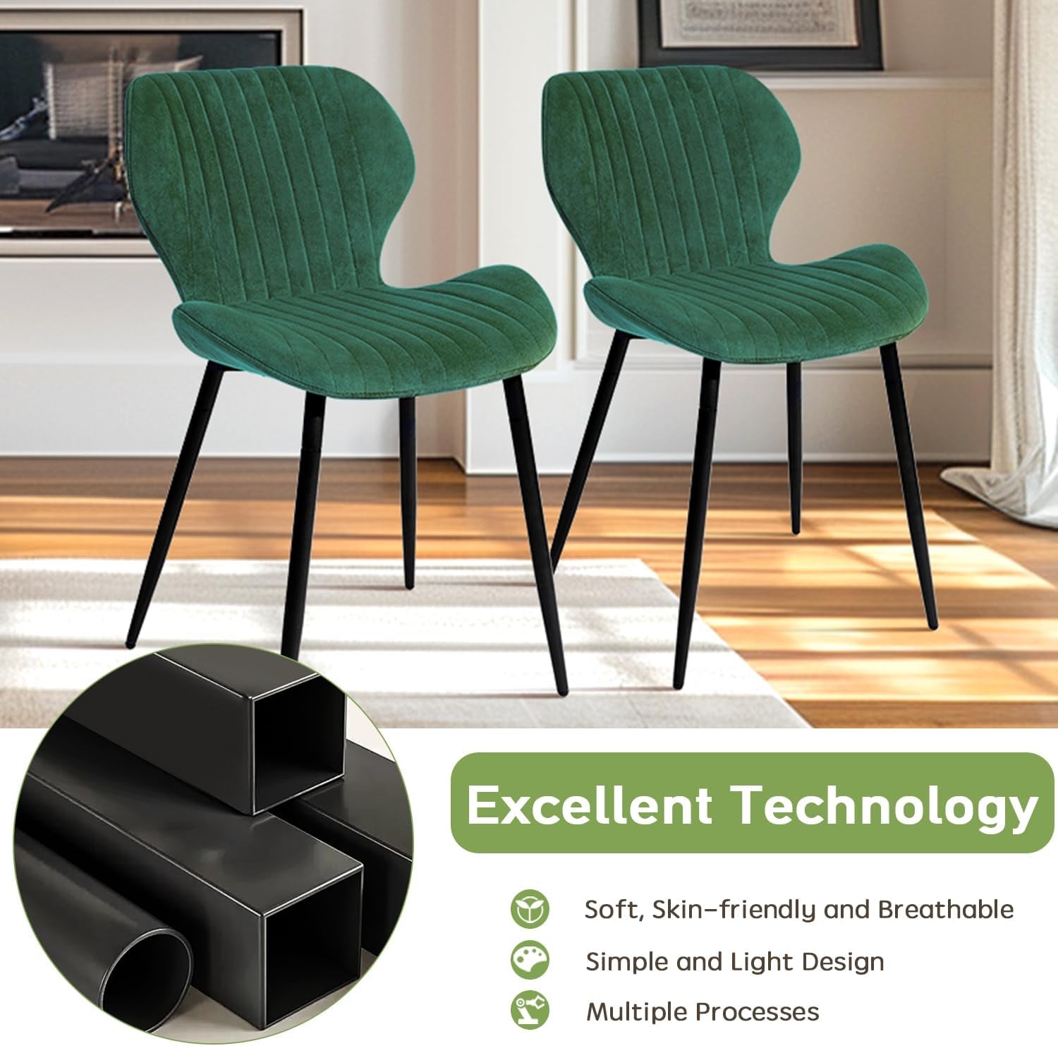 Mid Century Modern Upholstered Dining Chairs Green Velvet Set 2