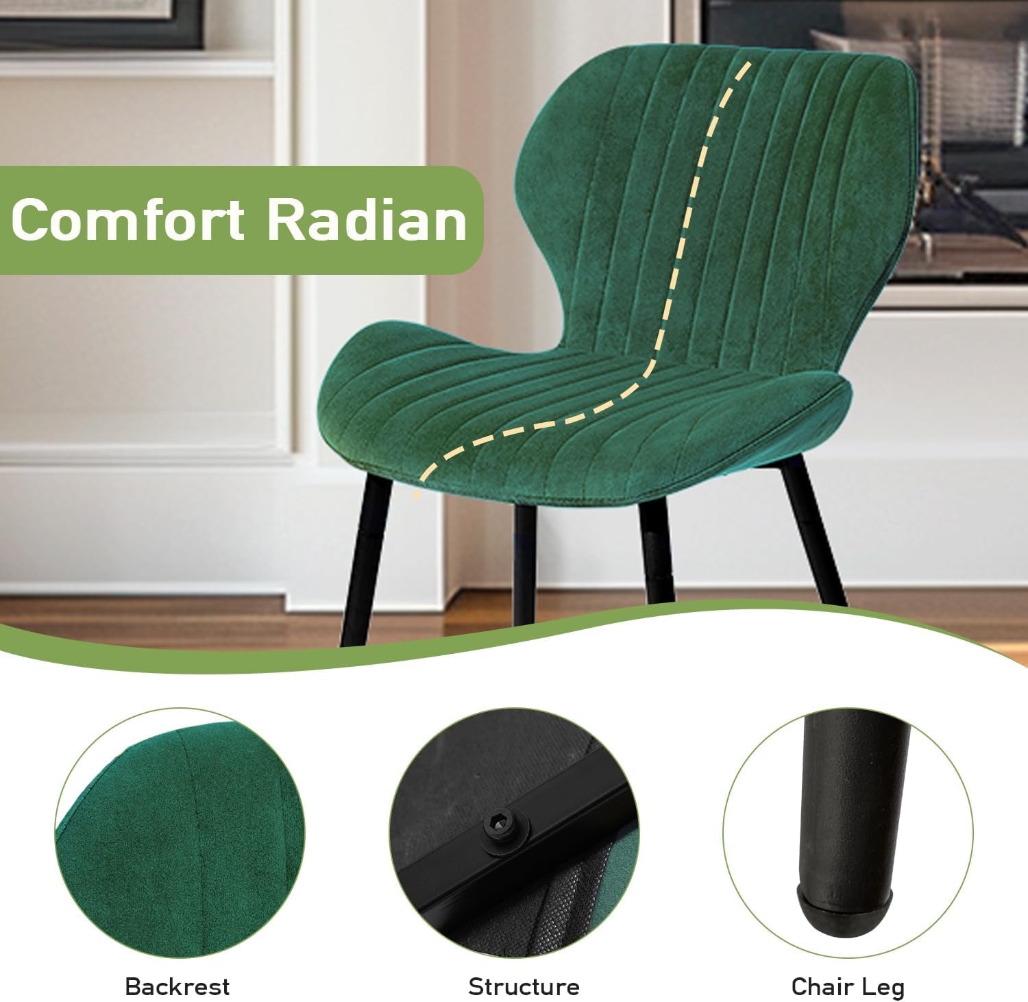 Mid Century Modern Upholstered Dining Chairs Green Velvet Set 2