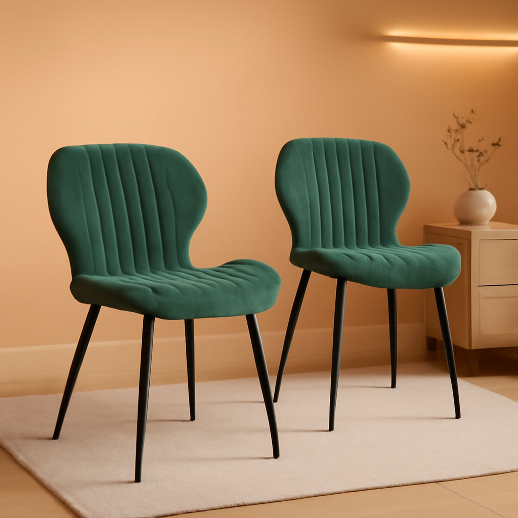 Mid Century Modern Upholstered Dining Chairs Green Velvet Set 2