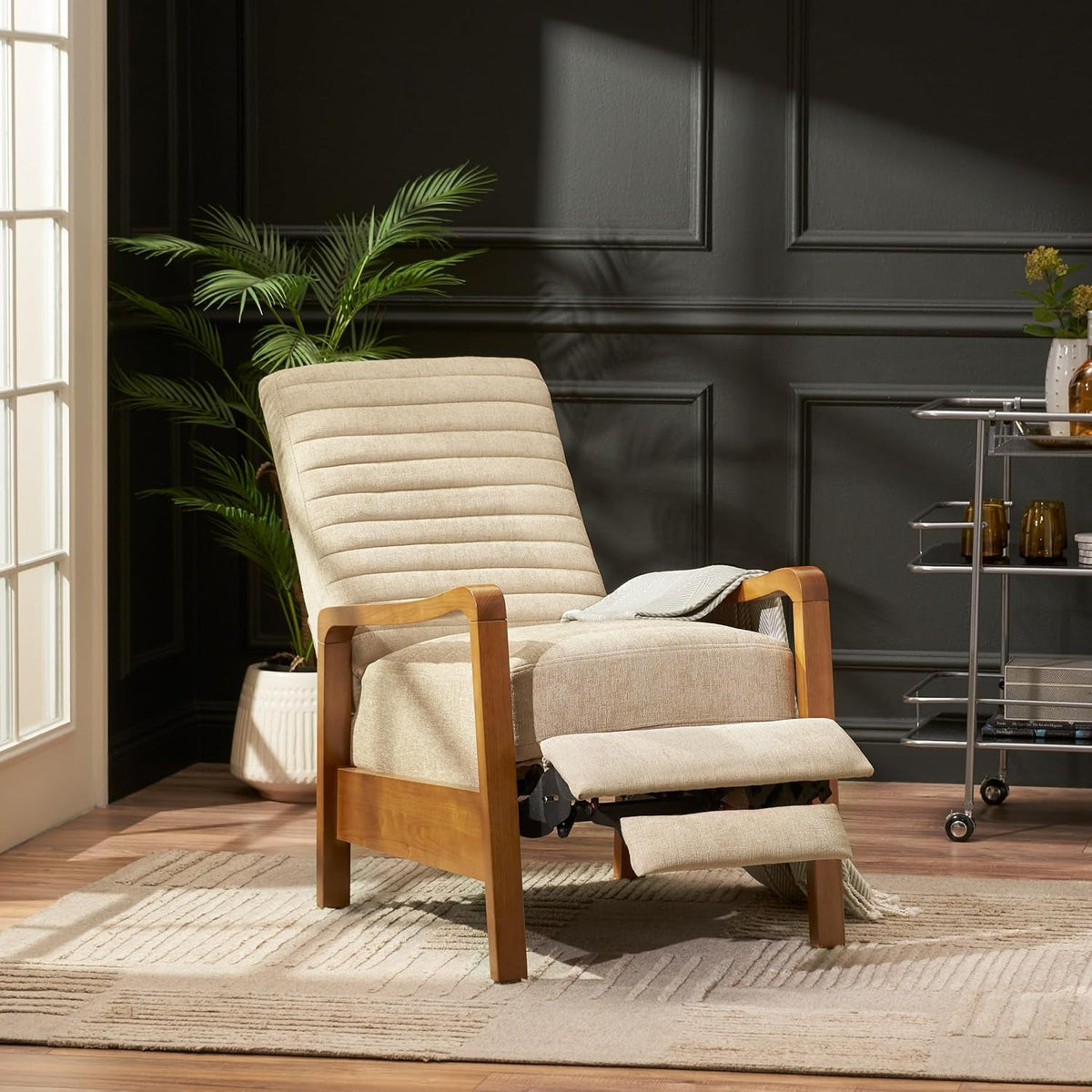 Mid Century Push Back Recliner Chair Sand Upholstered