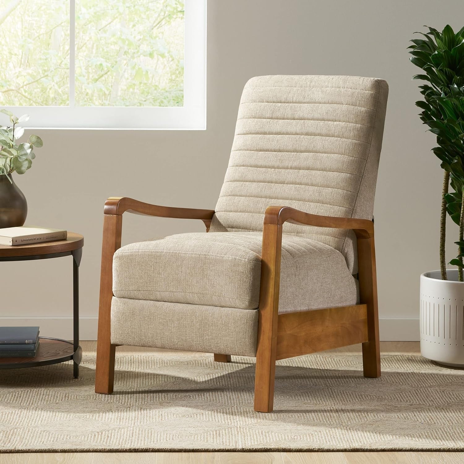 Mid Century Push Back Recliner Chair Sand Upholstered