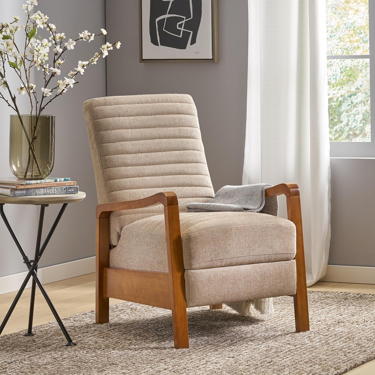 Mid Century Push Back Recliner Chair Sand Upholstered