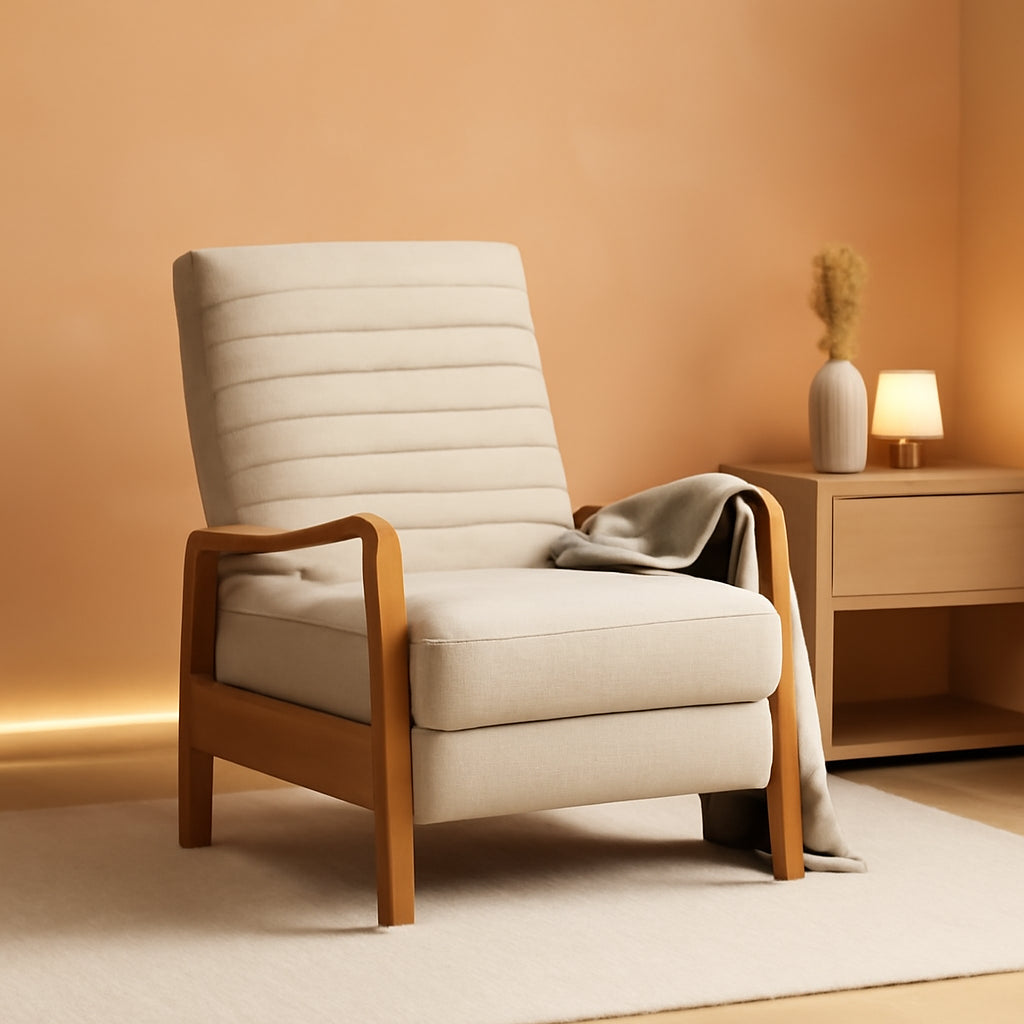 Mid Century Push Back Recliner Chair Sand Upholstered