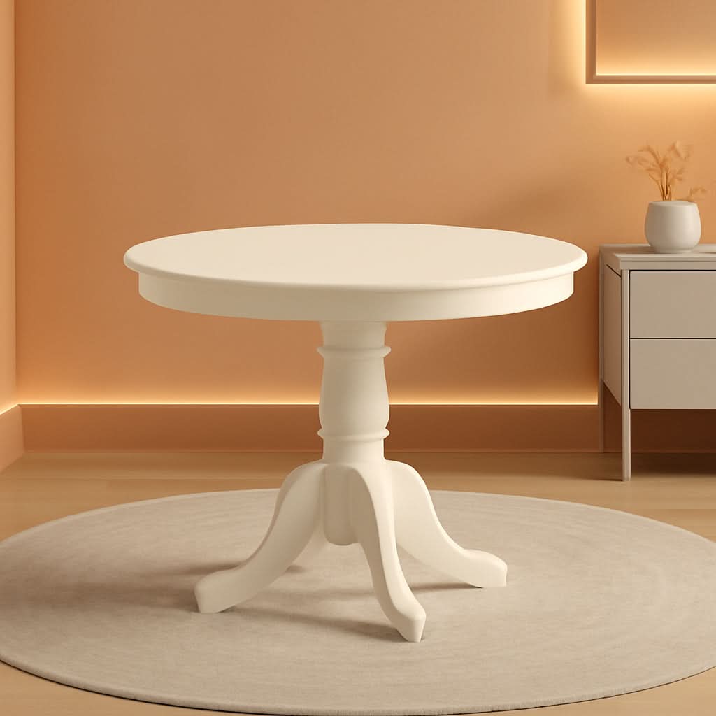 Mid Century Round Solid Wood Dining Table With Linen White Finish