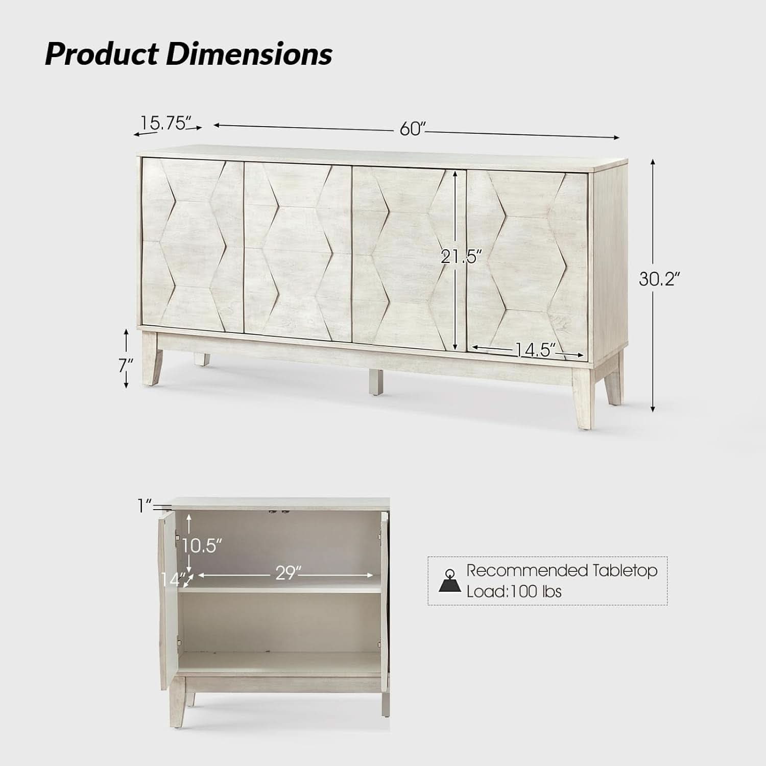 Mid Century Sideboard Buffet Cabinet 60 Inch White