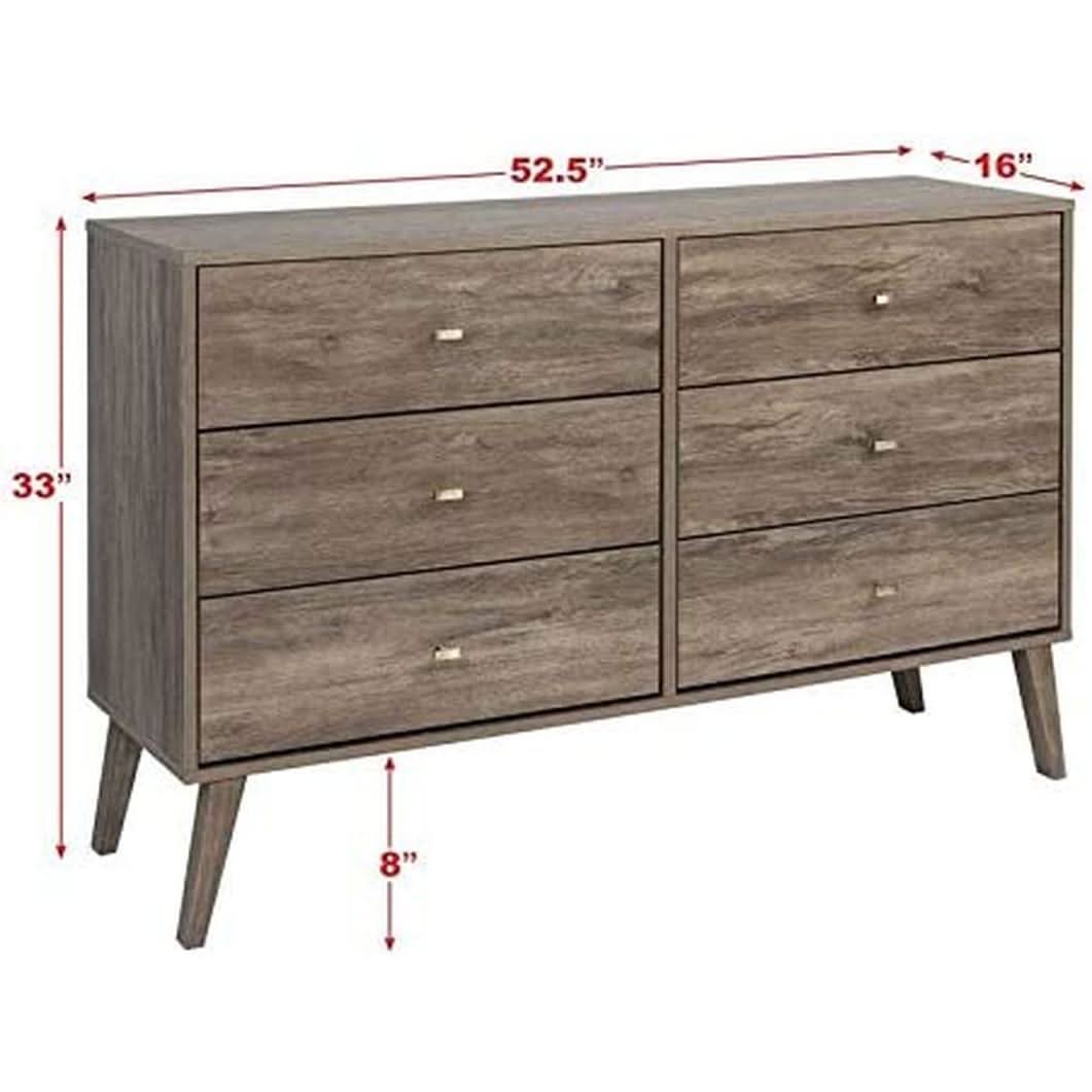 Mid Century Six Drawer Dresser Drifted Gray Wood Finish